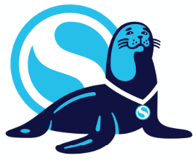 Swimmingly Logo behind Swimmingly's Sea Lion Mascot